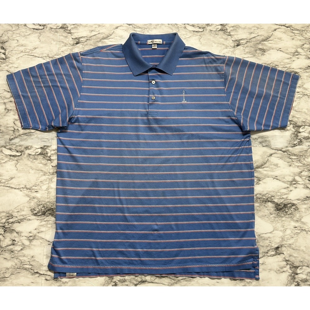 Peter Millar Crown Polo Men's Shirt Size XL Blue Stripped Short Sleeve Emb Logo